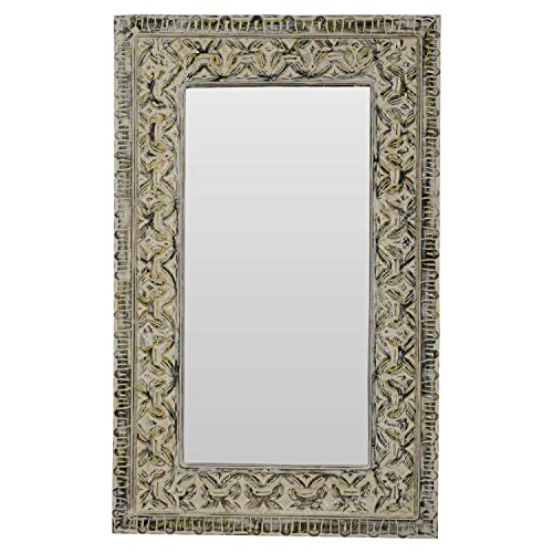 Handmade Antique Teak Wood Carved Window Upcycled Large Mirror | Vintage Natural Distressed Aged Wall Mirror | Farmhouse Style Moorish Arched Hanging | Handcarved Bathroom Mirror
