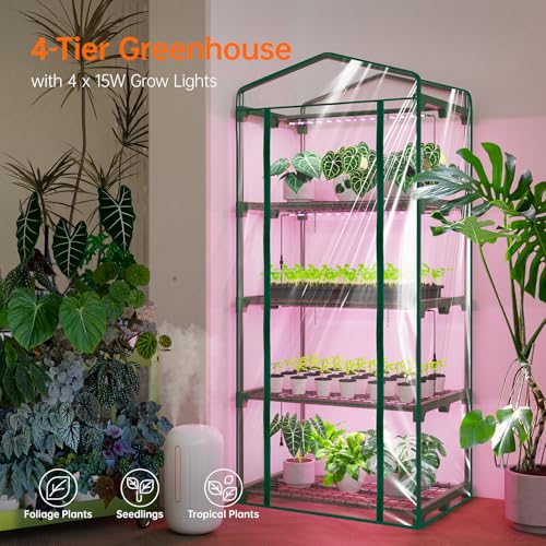 Bstrip Indoor Greenhouse with Grow Lights, 4 Tier 27.2" L×19.9" W×61.8" H Mini Greenhouse with Zippered PVC Cover for Seed Starting Trays, Dimmable 2FT 60W Plant Light for Indoor Plants with Timer by Bstrip - Image 4