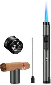 4-in-1 Cigar Lighter with Cigar Punch, Draw Enhancer, Cigar Stand, Visible Fuel Window & Adjustable Flame Refillable Butane Lighter for BBQ, Camping, Hiking, Indoor/Outdoor Use, Grey