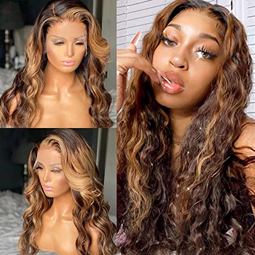 Ombre Blonde Highlight Wig Curly Human Hair 4x4 Lace Closure Highlight Wigs #2/30 Colored Dark Brown to Honey Blonde Highlight Wigs for Women Loose Wave 150% Density 16 Inch Highlight Lace Front Wig