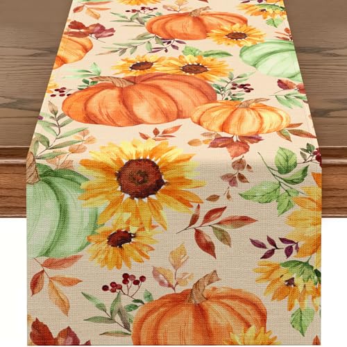 RUSPEPA Pumpkin Fall Table Runner, Watercolor Pumpkin, Sunflower & Leaves Harvest...