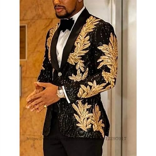 2 Piece Sequin Men's Suit Gold Slim One Button Blazer Jacket Pants Sets for Prom, Party,Dinner2