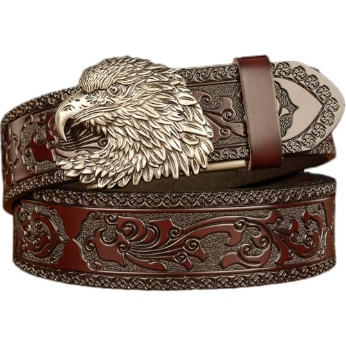 Men's Genuine Leather Ratchet Dress Casual Belt with Retro Eagle Head Sliding Adjustable Buckle