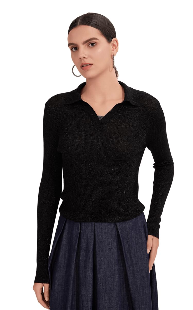 Womens 16-Gauge Lurex Wool Blend Sweater Polo Collar Slim Fit Pullover Lightweight Knit for Everyday Comfort BD3521247