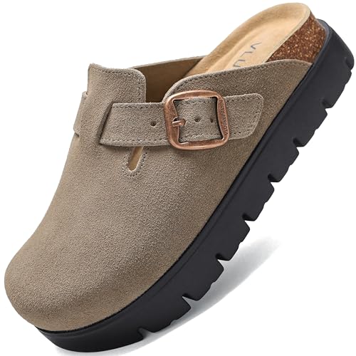 Image of Women's Suede Platform Clogs Leather Mules Slip On Indoor Outdoor Shoes | Arch Support, Cork Footbed, Adjustable Buckle,Water Resistant Upper,All Day Comfort