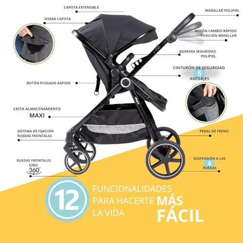 Poussette 2 en 1 - Modèle Versa - Interbaby | Poussette polyvalente avec siège réglable et nacelle rembourrée - De la naissance jusqu'à 48 mois ou 22 kg. – Image 5