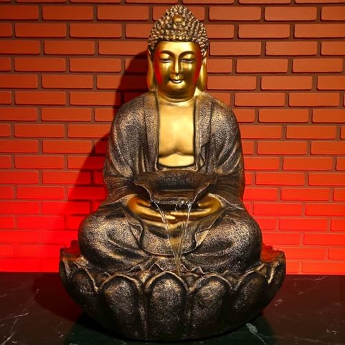 Image of 3 Feet Kamal Buddha Water Fountain for Home & Garden|Fiber Buddha Fountain with LED Light|Indoor Outdoor Fountain for Vastu & Positivity (Golden, 3 Feet Kamal Buddha Fountain)