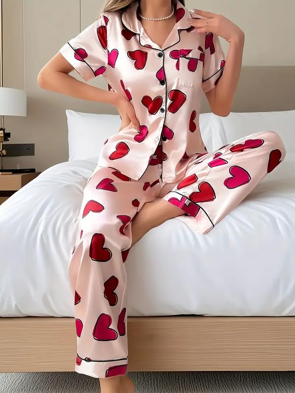 Image of Night Suit for Women with Full Sleeve Button-Down Top with Pant Dress for Woman, Cotton Night Dress for Woman, Two-Piece Loungewear Set