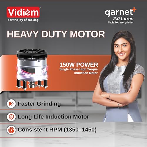Image of Vidiem Garnet Plus Table Top Wet Grinder 2l with Coconut Scraper | Heavy Duty Stainless Steel Drum & Stone Rollers | 5-Year Motor Warranty | Anti-Slip Belt & Transparent Lid