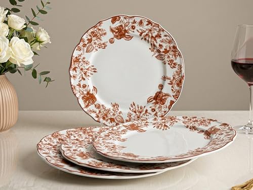 Image of Bodhi House 4-Piece Brown Leaf White Porcelain Dinner Plates Set | Lightweight, Chip Resistant, Microwave & Dishwasher Safe, Elegant Tableware