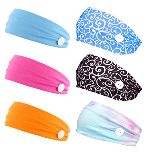 THUNARAZ 6 Pack Headband with Buttons for Women Holder for Nurses Ear Protection Holder Elastic Non Slip Button Headwrap for Women Yoga Sports Running