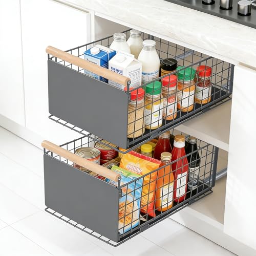 VINATO 2pcs Tiroir Coulissant Cuisine, Aménagement Placard, Panier Coulissant Sans Perçage pour Armoire Cuisine/Salle de Bain