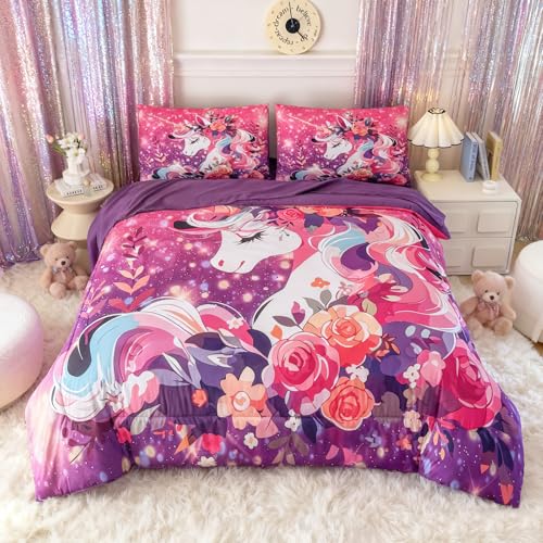 Image of Peopleareok Unicorn Comforter Set Queen for Girls, 5-Piece Bed in a Bag Cute Pink Purple Unicorn Print Bedding Set Queen, Kids Cartoon Kawaii Comforter with Sheet Set