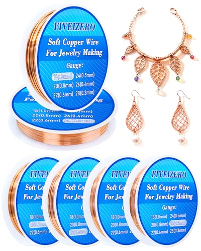 FIVEIZERO 6 Rolls 6 Size Jewelry Making Copper Wire Kit - 18/20/22/24/26/28 Gauge Pure Dead Soft Bare Copper Wire for Electroculture Gardening Crafting Beading Sculpting