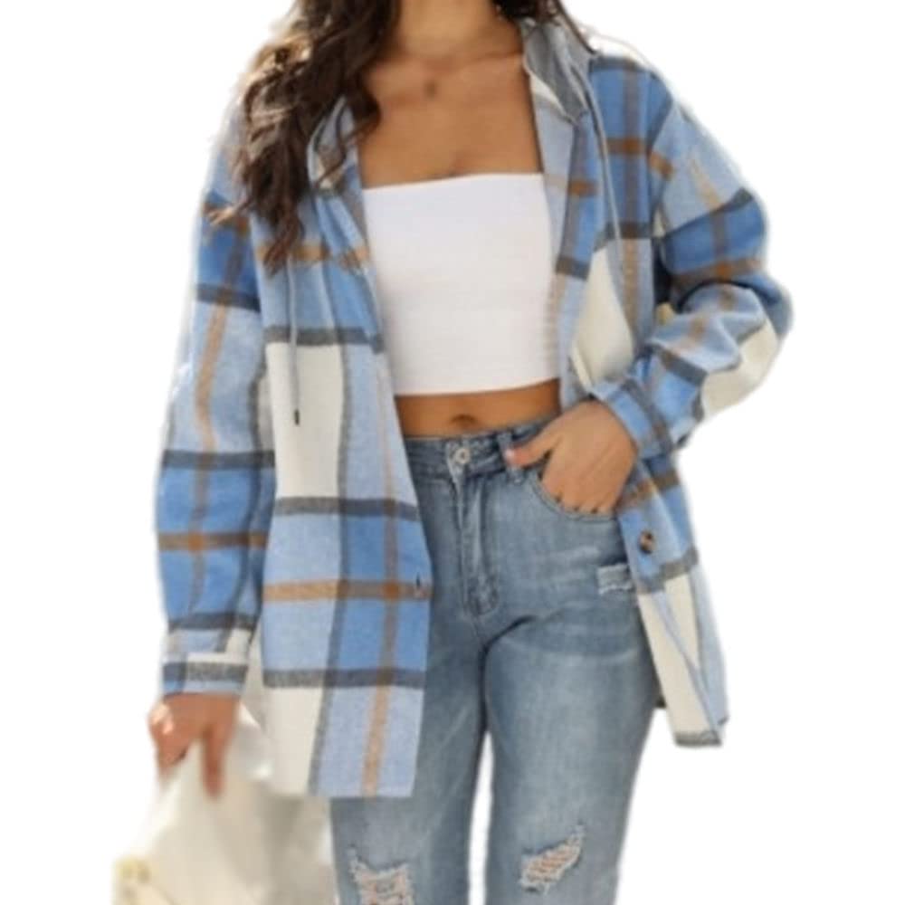 Damen Bluse Elegant, Damen Lässige Kapuzenhemden Flanellhemden Hellblau Mode Karierte Langarmhemden Herbst Und Winter Verdickte Lose Lässige Mäntel Exquisite Knopfoberteile