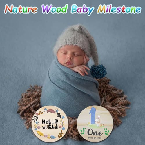 Image of Wooden Baby Monthly Milestone Cards with Birth Announcement Sign Newborn Photography Props Baby Shower Gifts for Boys and Girls (Monthly Milestone Circles)