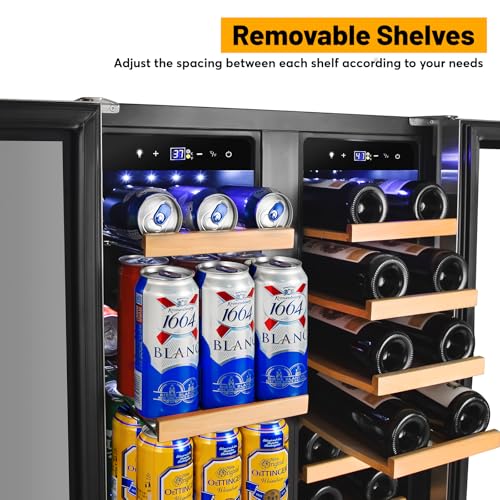Image of Wine and Beverage Refrigerator, 24 Inch Beverage Cooler Dual Zone with Glass Door, Under Counter Beverage Fridge with Upgraded 60 Cans 20 Bottles Large Capacity, Black