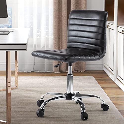 Armless Office Chair, Armless Desk Chair Ribbed Home Office Desk Chairs With Wheels, Faux Leather Office Chair Adjustable Task Chair, Mid Back Swivel Computer Chair #TOP1