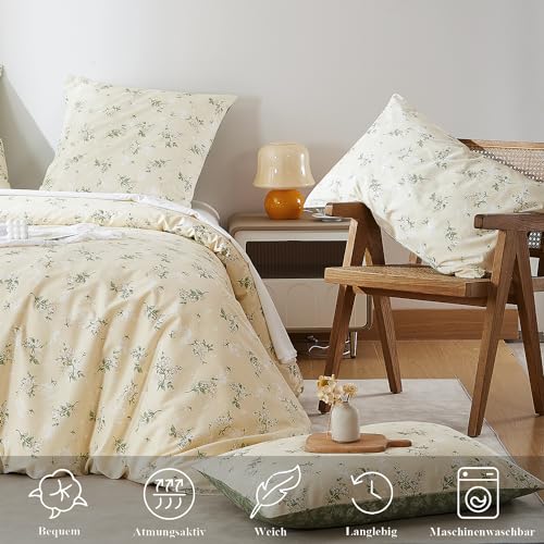 Lanqinglv Bettwäsche 135x200 Baumwolle Blumenmuster,Beige Grün Pflanzen – Ansicht 4