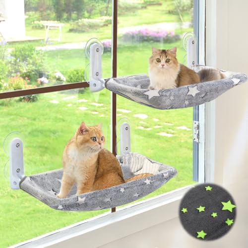 Zoratoo 2PC Cat Window Perch, Glow in The Dark Cordless Foldable Pet Hammock Bed for Window with Sturdy Metal Frame, Glowing Stars Pattern Resting Seat for Indoor Cats (2PC Stars - L)