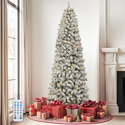 DWVO 7.5ft Snowy Pencil Christmas Tree with Lights, Elegant Kingswood