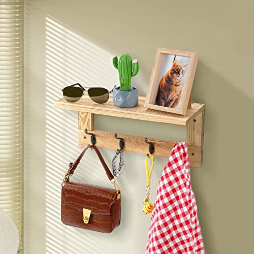 Viewall Coat Rack Wall Mount With Shelf, Wooden 15.74 Inch Coat Hooks Wall Mounted With Shelf And 4 Dual Vintage Metal Hooks, Entryway Wall Hanging Shelf With Hooks For Bathroom, Living Room, Bedroom #TOP6