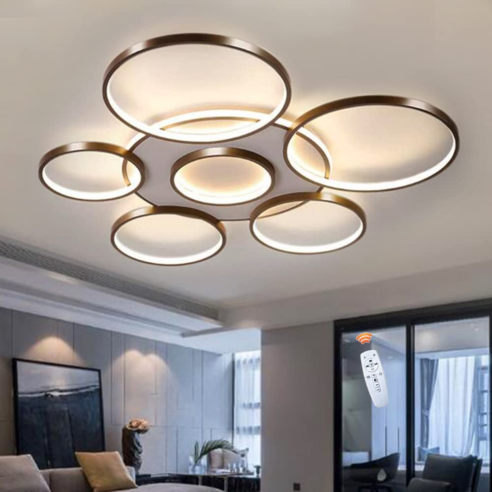 LED Ceiling Light Dimmable Living Room Lamp with Remote Control Modern Round Ceiling Lamp 7 Rings Acrylic Shade Adjustable Light Color Brightness Bedroom Restaurant Dining Room Chandelier,Brown,110cm