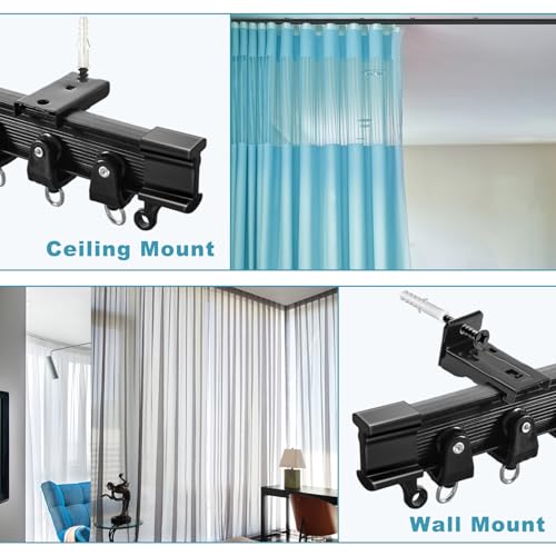 KOLAKO Ceiling Curtain Track, Flexible Bendable Curtain Rails Ceiling Wall Mount 12Ft Curved Sliding Curtain Track System, Room Divider, Black Ceiling Track Set for Rv Bay Window