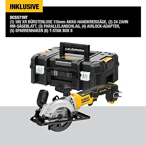 Dewalt 18V Akku- Handkreissäge DCS571NT (bürstenlos, 38mm max. Schnitttiefe, spezielle Bauweise für Einhand-Betrieb, inkl. HM-Sägeblatt, Parallelanschlag, Absaugadpater, Sparrenhaken & TSTAK Koffer) – Bild 3