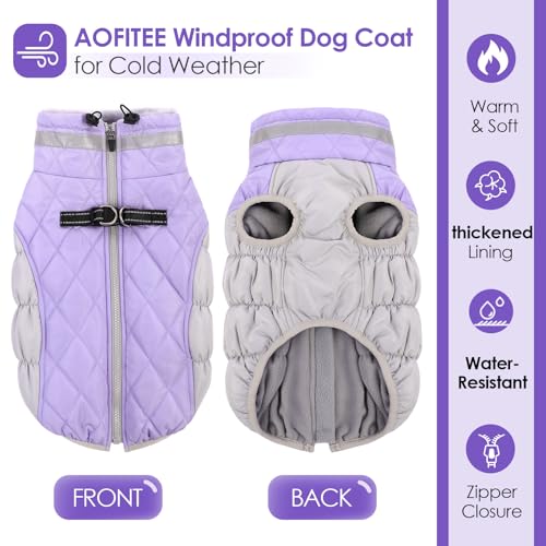 Image of AOFITEE Dog Coat, Warm Dog Winter Coat, Reflective Turtleneck Large Dogs Jacket with Harness Built in, Turtleneck Pet Winter Jacket, Waterproof Pet Snow Jackets Fleece Vest, Lilac XL