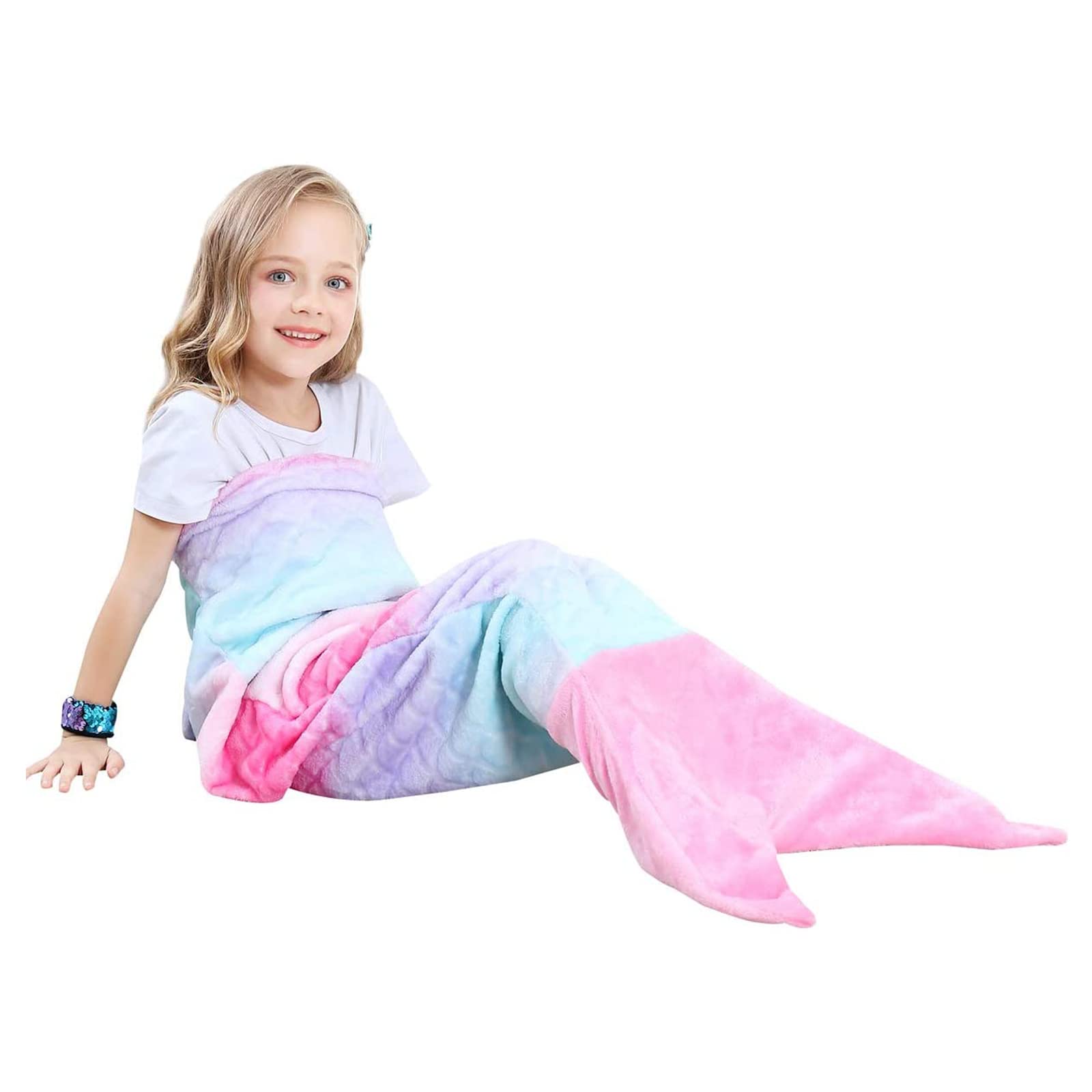 Mermaid Tail Blankets Glittering Wearable Cute Cozy Soft Flannel Rainbow Colorful Mermaid Tail Blanket for Girls 5~12 Year