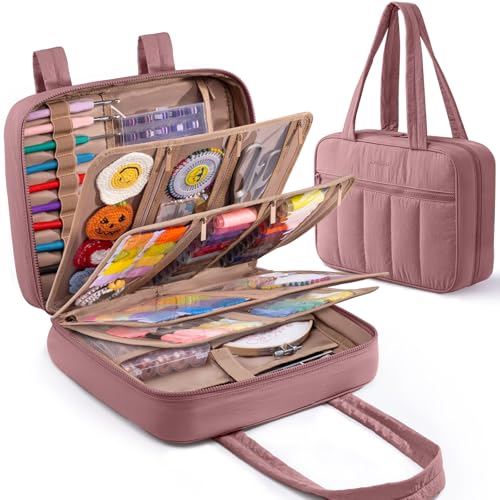 AMOIGEE Sewing Supplies Organizer Bag Large Craft Storage Tote with 17 Clear Pockets&Tool Holders Portable Crochet Knitting Embroidery Organizer Case for Threads Hooks Needles & Sewing Accessories