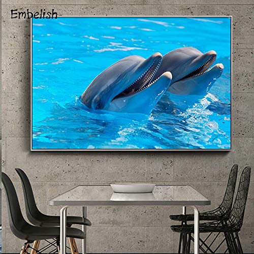 PLjVU Due Delfini con la Testa sopra l'acqua. Immagini Moderne della Decorazione della casa di Poster della Camera da Letto del Soggiorno Pittura su Tela HD-Senza telaio40X60cm