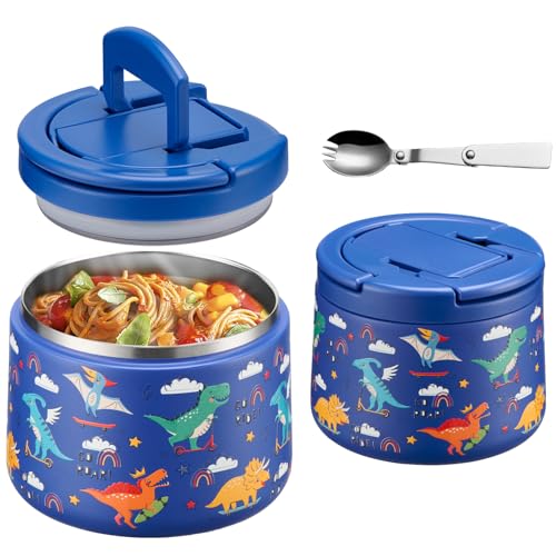 Itslife Termo para Comida 420ml, Recipiente Térmico para Comida con Cuchara, Acero Inoxidable Fiambrera Termica Infantil y Adultos, Contenedor Térmico para Picnic, Escuela y Oficina, Dinosaurio