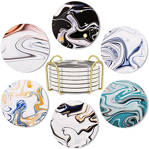 Coaster for Drinks Absorbent Coaster with Holder Set of 6, Oils Style Ceramic Stone Coaster with Cork Base, Coffee Table, Bar, Home Decor, Unique Housewarming Giftâ€¦