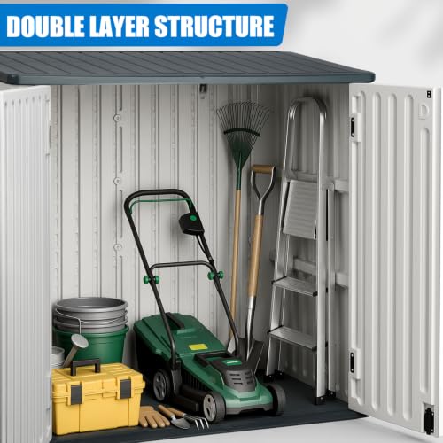 Image of EHHLY Horizontal Resin Storage Shed, 35 Cuft Garden Tool Sheds & Outdoor Storage, Outdoor Plastic Storage Cabinet Waterproof, 4FT Tall Backyard Outside Lawn Mower Storage Shed, White
