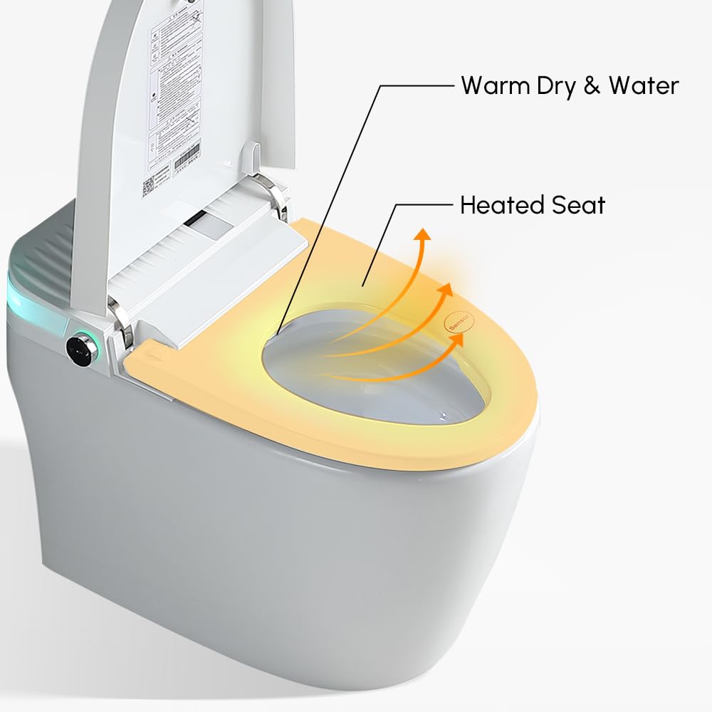 Homary Toilette Japonaise avec Chasse d'Eau Automatique 5L, WC Japonais Monobloc à Poser avec Siège Chauffant et Éclairage LED, Séchage à l'Air Chaud, Blanc, Sortie Horizontale (70x40x50cm)