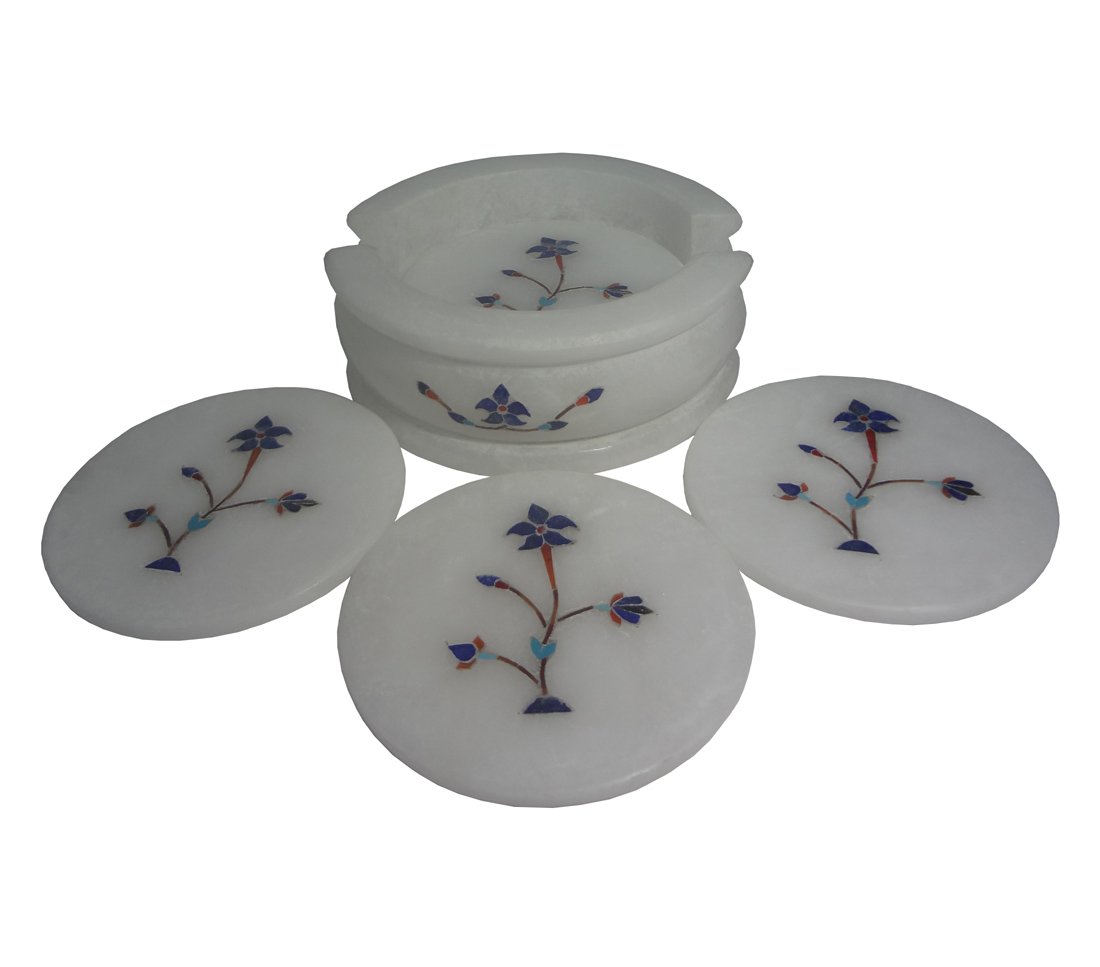 Avinash Handicrafts White Stone Inlaid Coaster Set of 6 Coasters(Round) 4 inch - Image 2 thumbnail