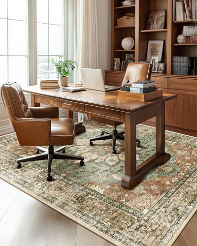 Image of RELEANY Washable Area Rug, 5'x7', Brick /Brown /Green