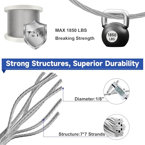 Image of 100FT 1 /8 inch T316 Stainless Steel Cable Marine Grade, Wire Rope Cable for Deck Cable Railing System Post Kit, 1850 lb Breaking Strength, 7x7 Strands Aircraft Cable for DIY Deck Railing, Silver