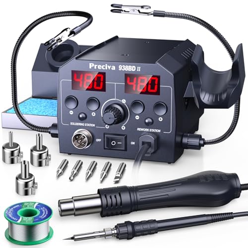 Preciva Hot Air Soldering Station with Helping Hands 938BD II Dual Display Soldering Iron Kit 10-Min Auto-Sleep Mode & Temp Calibration Electronics Kit for Circuit Board Repair DIY (UK Plug)