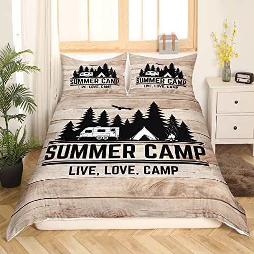 Erosebridal Camping Bedding Full Size for Boys Kids Teens Camper Bedding, Rustic Farmhouse Style Duvet Cover Old Barn Door Home Decor Comforter Cover, with 2 Pillowcases