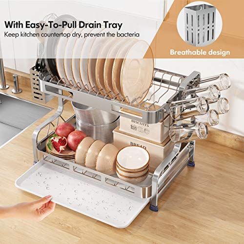 Boosiny 304 Stainless Steel Dish Drying Rack, 2 Tier Large Dish Rack And Drainboard Set With Utensil Holder, Cup Holder And Dish Drainer For Kitchen Counter Organizer Storage(Silver) #TOP3
