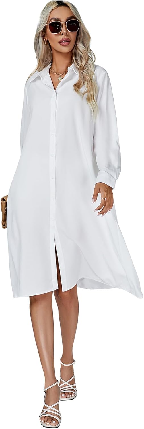 Women's Casual Collar V Neck Button Down Long Sleeve Loose Midi Shirt Dress with Pocket - Image 6