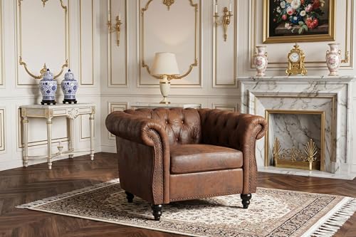 FIRLZY 39" Chesterfield Leather Accent Upholstered Armchair,Tufted Rolled Armchair with Nailhead Trims & Wood Legs Single Sofa Chair,Faux Suede Mid-Century Chair for Living Room,Dark Brown