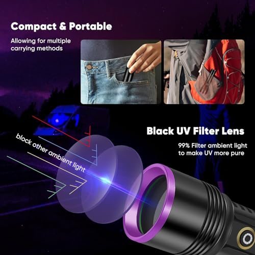 【Upgrade】30W 365nm UV Taschenlampe USB Aufladbar Schwarzlicht Taschenlampe UV Lampe Haustier Urin Detektor für Harzhärtung, Bernstein, Geocaching, Unechte Banknoten, A/C Leck, Heimtierurindetektoren