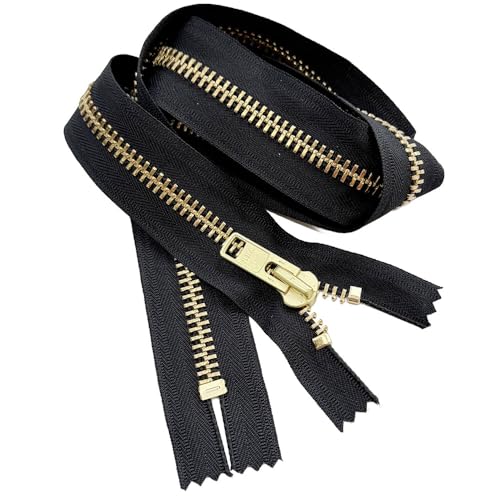 YKK #10 Extra Heavy Duty Brass Metal Non-Separating, Closed-End Zipper Automatic Lock Pull (1 Zipper) - Tape Color: Blac