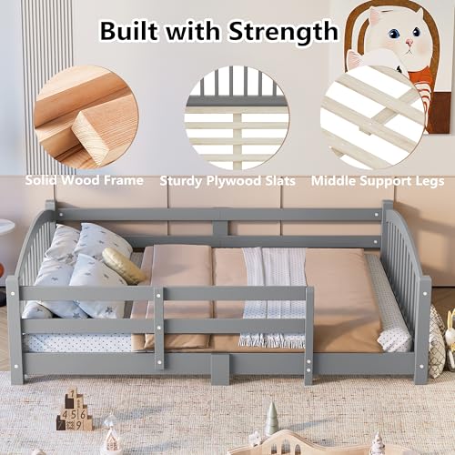 Image of Bellemave Full Size Kids Montessori Floor Bed,Full Size Floor Bed Frame with Slats and Safety Guardrail,Solid Wood Montessori Bed for Girls Boys,Gray