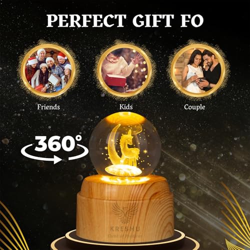 Image of KRESHU Unicorn Moon 3D Crystal Rotating Glass Ball Dimmable Warm LED Light Wooden Stand Luminous USB Cable Decoration Night Lights for Art Home Decoration Birthday Gift (Pack of 1)