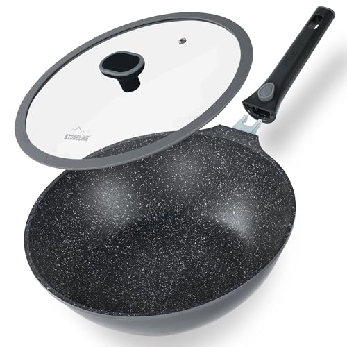 STONELINE SMART Wokpfanne 30 cm, 4,8 L Servierpfanne Große Pfanne mit Deckel, Abnehmbarem Griff, Aluguss Pfanne Induktion, Alle Herdarten, Antihaftbeschichtet mit echten Steinpartikeln, Grau